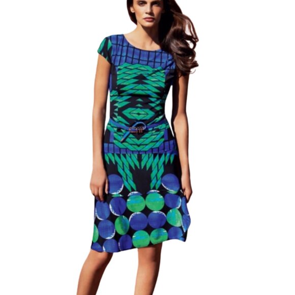Joseph Ribkoff Dresses & Skirts - Joseph Ribkoff Abstract Fit & Flare Cap Sleeve Blue Green Black Size 4